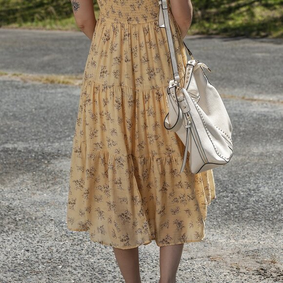 B265 Yellow Boho Floral Print Ruffle Smocked Flowy Summer Dress - Picture 4 of 12